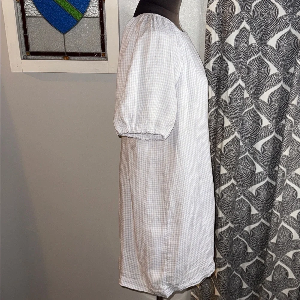 J Crew Gingham 100% Linen Midi Dress Puff Sleeve SZ 12